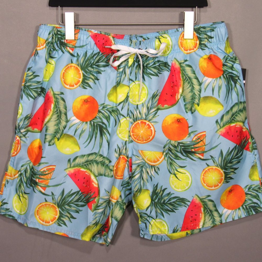 CITY STREETS Men's Swim Shorts Tropical Fruits Print Aqua Blue Size 2XL